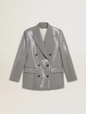 Chaqueta boyfriend de lana de doble botonadura con estampado de pata de gallo micro y lentejuelas