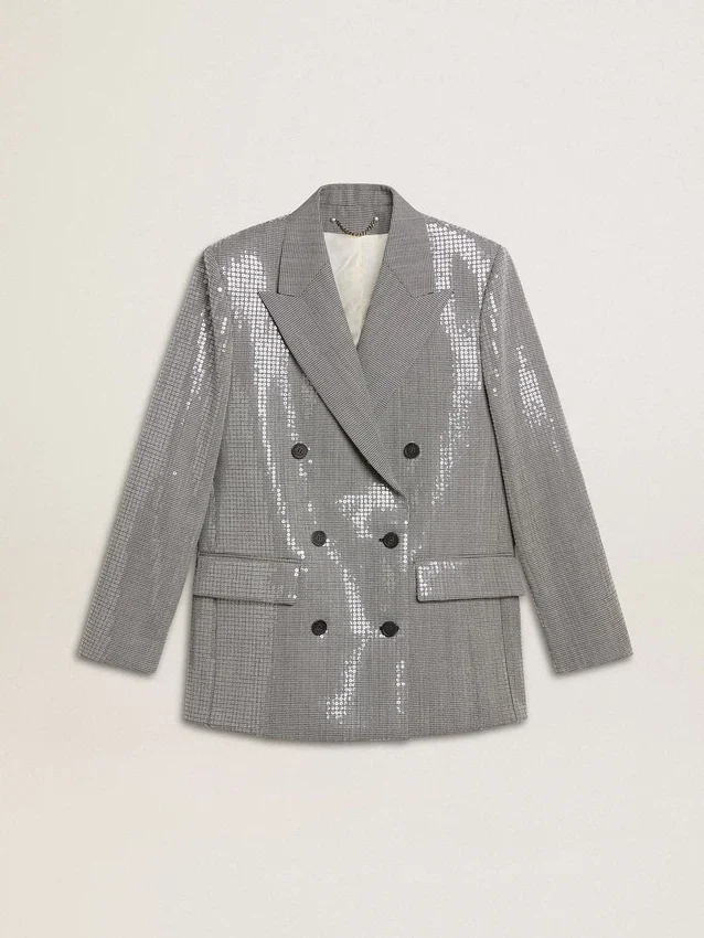 Chaqueta boyfriend de lana de doble botonadura con estampado de pata de gallo micro y lentejuelas