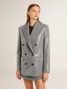 Chaqueta boyfriend de lana de doble botonadura con estampado de pata de gallo micro y lentejuelas