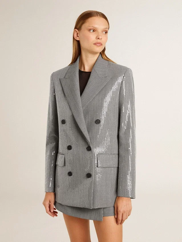 Chaqueta boyfriend de lana de doble botonadura con estampado de pata de gallo micro y lentejuelas