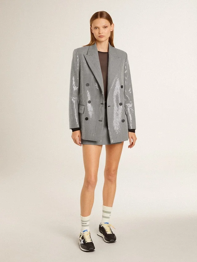 Chaqueta boyfriend de lana de doble botonadura con estampado de pata de gallo micro y lentejuelas