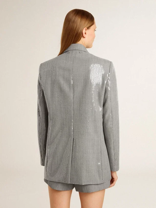 Chaqueta boyfriend de lana de doble botonadura con estampado de pata de gallo micro y lentejuelas