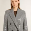 Chaqueta boyfriend de lana de doble botonadura con estampado de pata de gallo micro y lentejuelas