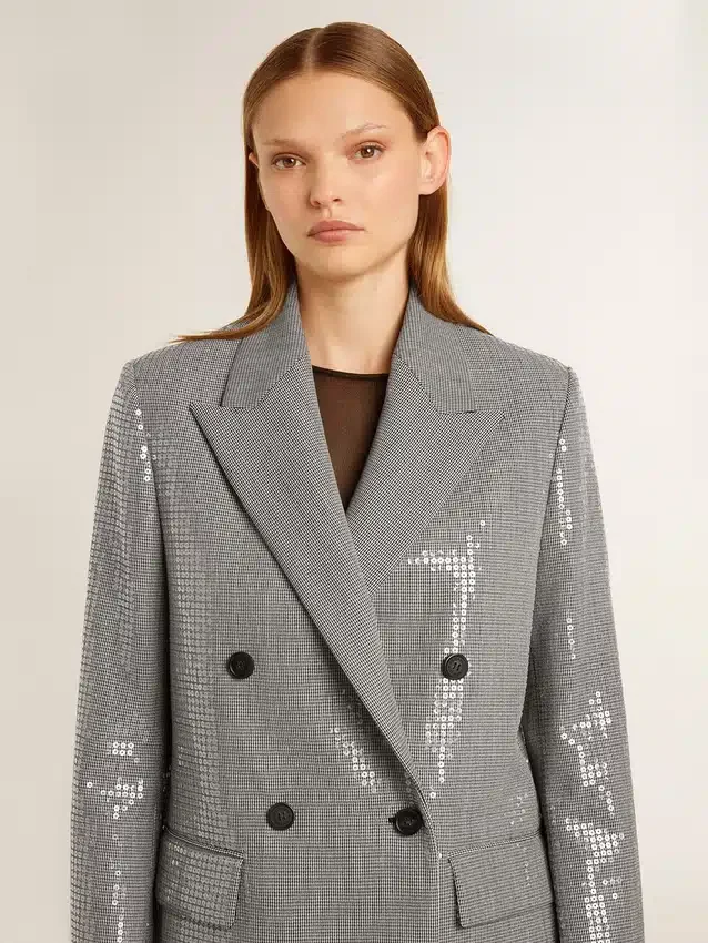 Chaqueta boyfriend de lana de doble botonadura con estampado de pata de gallo micro y lentejuelas