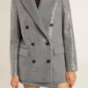 Chaqueta boyfriend de lana de doble botonadura con estampado de pata de gallo micro y lentejuelas