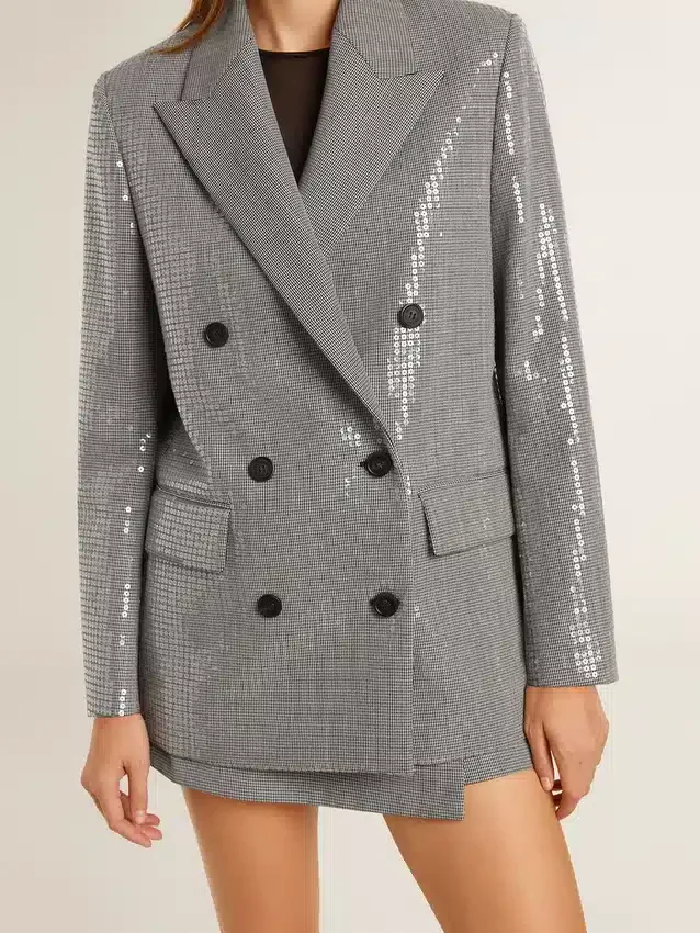 Chaqueta boyfriend de lana de doble botonadura con estampado de pata de gallo micro y lentejuelas