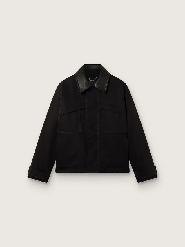 Chaqueta corta acolchada para hombre de algodón negro con cuello de piel