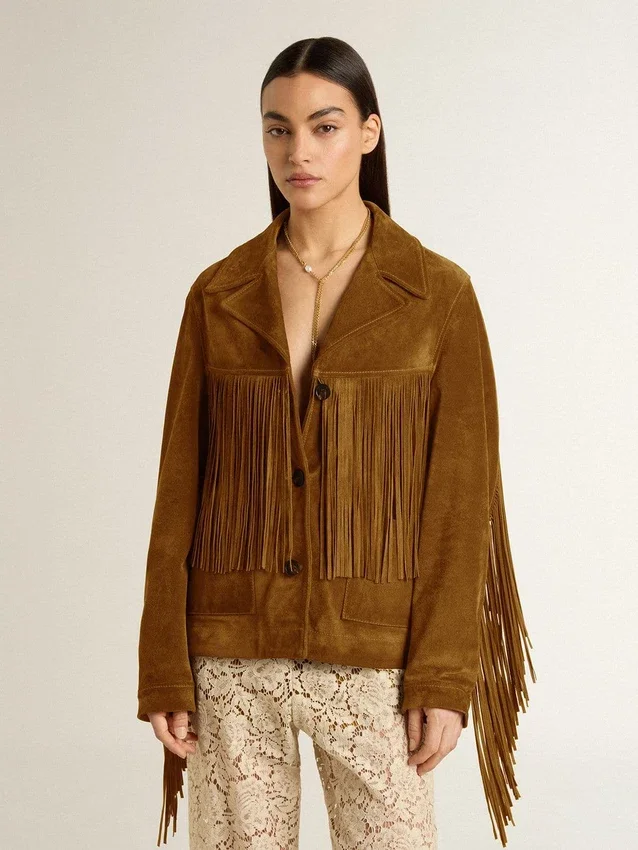Chaqueta de ante color tabaco para mujer con flecos