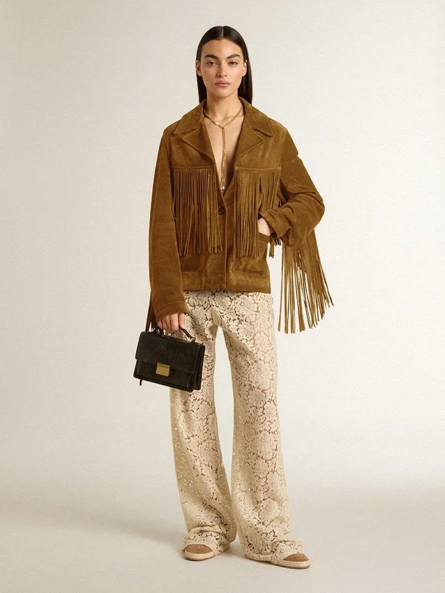 Chaqueta de ante color tabaco para mujer con flecos