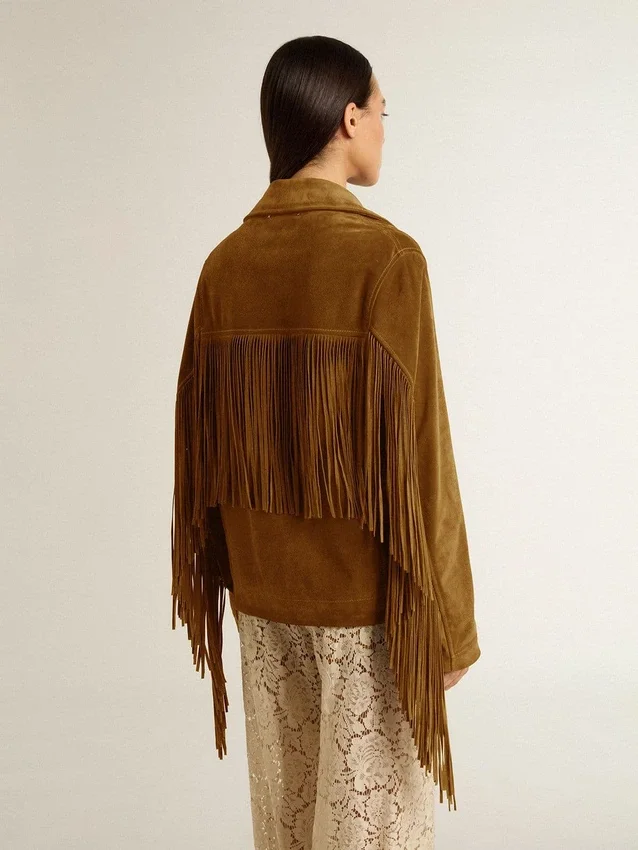Chaqueta de ante color tabaco para mujer con flecos