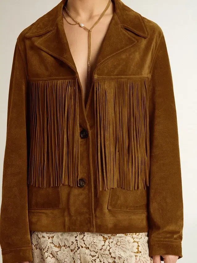 Chaqueta de ante color tabaco para mujer con flecos