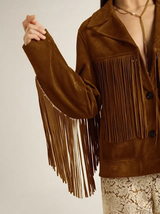 Chaqueta de ante color tabaco para mujer con flecos