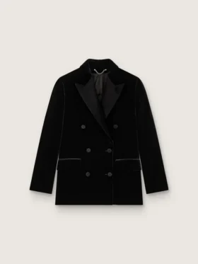 Chaqueta de doble botonadura para mujer en terciopelo negro con solapas de satén negro