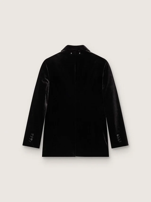Chaqueta de doble botonadura para mujer en terciopelo negro con solapas de satén negro