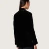 Chaqueta de doble botonadura para mujer en terciopelo negro con solapas de satén negro