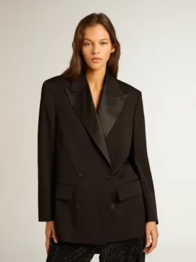 Chaqueta de esmoquin para mujer en gabardina de lana negra