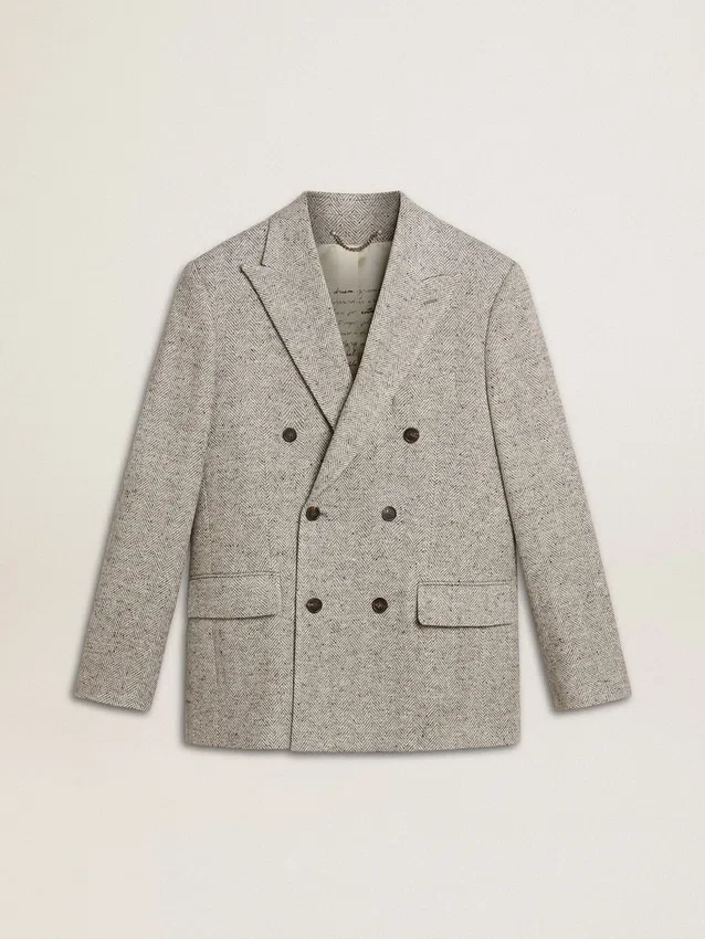Chaqueta de hombre de doble botonadura en seda gris y lana con diseño en zigzag