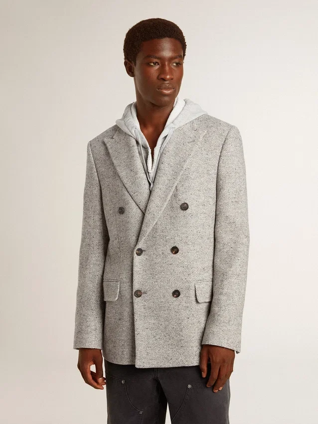Chaqueta de hombre de doble botonadura en seda gris y lana con diseño en zigzag