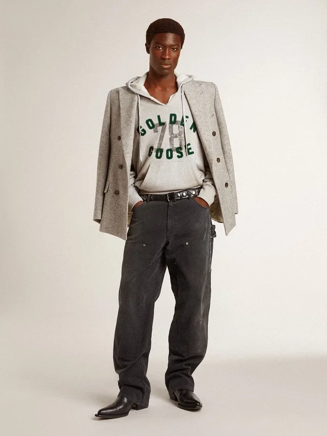 Chaqueta de hombre de doble botonadura en seda gris y lana con diseño en zigzag