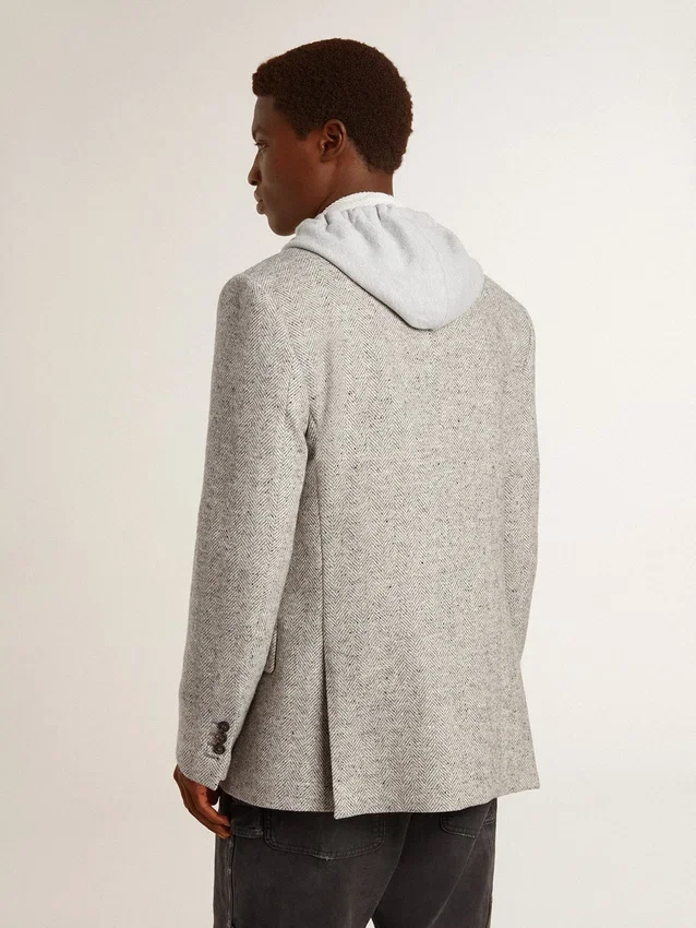 Chaqueta de hombre de doble botonadura en seda gris y lana con diseño en zigzag