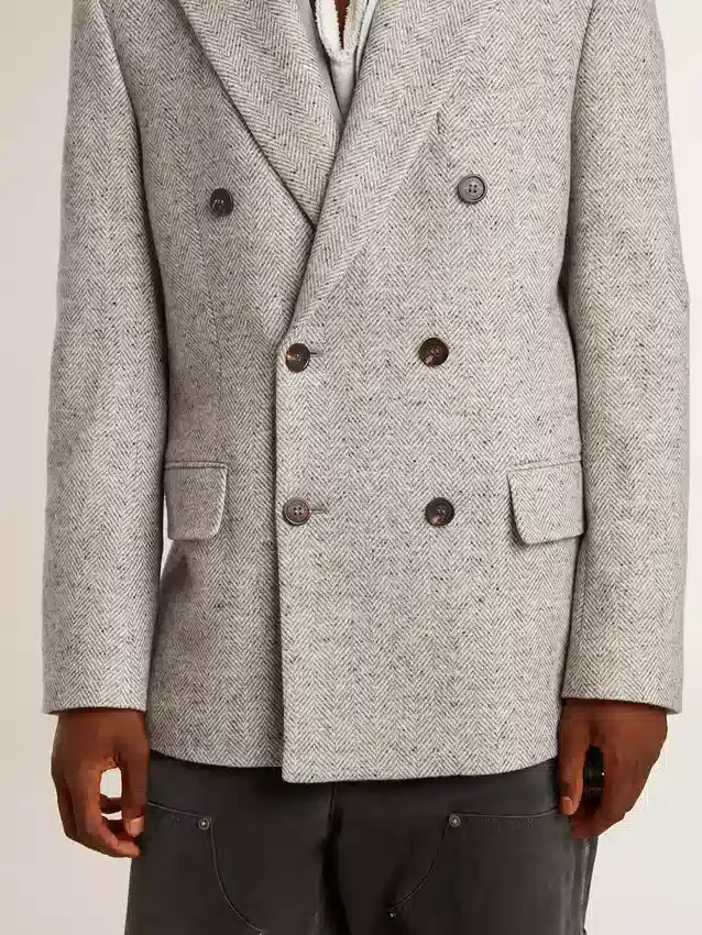 Chaqueta de hombre de doble botonadura en seda gris y lana con diseño en zigzag
