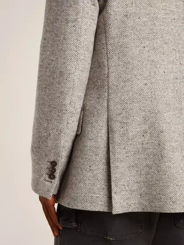Chaqueta de hombre de doble botonadura en seda gris y lana con diseño en zigzag