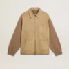 Chaqueta de hombre de piel nobuk color travertino con mangas y espalda de mezcla de lana