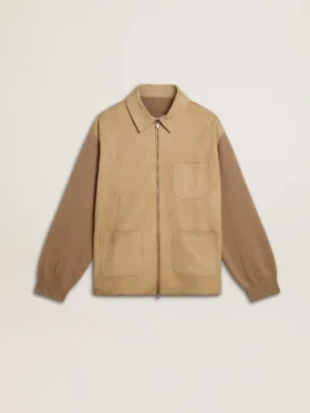 Chaqueta de hombre de piel nobuk color travertino con mangas y espalda de mezcla de lana