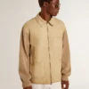 Chaqueta de hombre de piel nobuk color travertino con mangas y espalda de mezcla de lana