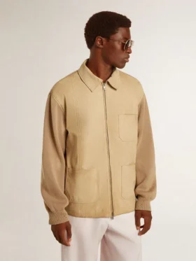 Chaqueta de hombre de piel nobuk color travertino con mangas y espalda de mezcla de lana