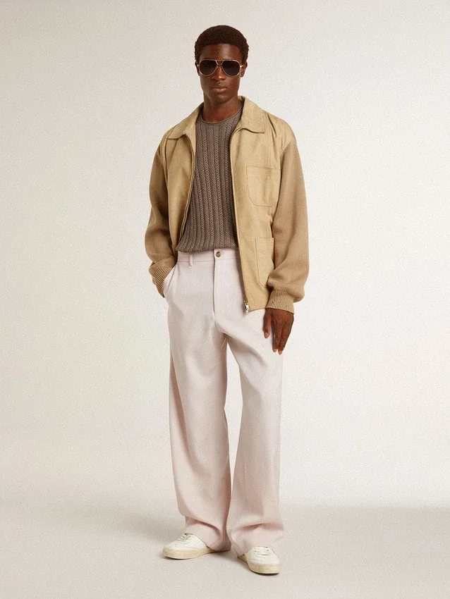 Chaqueta de hombre de piel nobuk color travertino con mangas y espalda de mezcla de lana