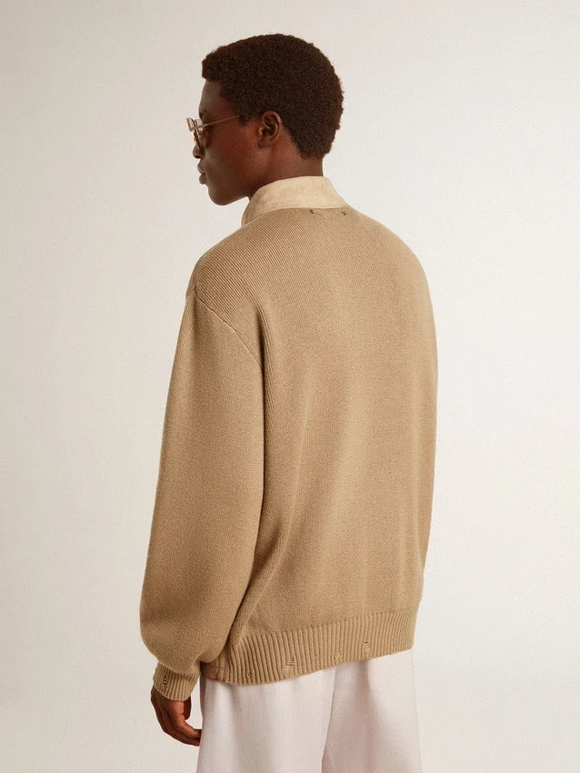 Chaqueta de hombre de piel nobuk color travertino con mangas y espalda de mezcla de lana