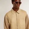 Chaqueta de hombre de piel nobuk color travertino con mangas y espalda de mezcla de lana