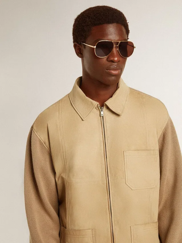 Chaqueta de hombre de piel nobuk color travertino con mangas y espalda de mezcla de lana
