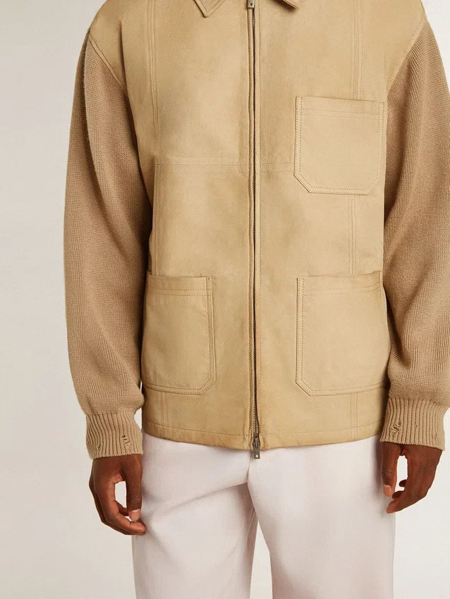 Chaqueta de hombre de piel nobuk color travertino con mangas y espalda de mezcla de lana