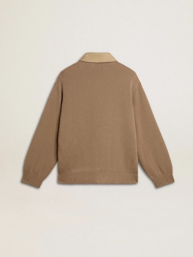 Chaqueta de hombre de piel nobuk color travertino con mangas y espalda de mezcla de lana