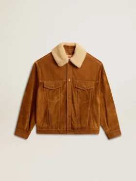 Chaqueta de hombre en piel dividida color tabaco con cuello de borreguillo