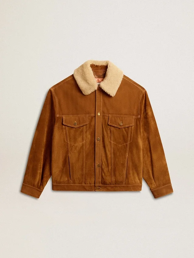 Chaqueta de hombre en piel dividida color tabaco con cuello de borreguillo