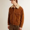 Chaqueta de hombre en piel dividida color tabaco con cuello de borreguillo
