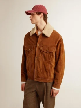 Chaqueta de hombre en piel dividida color tabaco con cuello de borreguillo