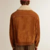 Chaqueta de hombre en piel dividida color tabaco con cuello de borreguillo