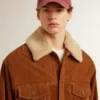 Chaqueta de hombre en piel dividida color tabaco con cuello de borreguillo