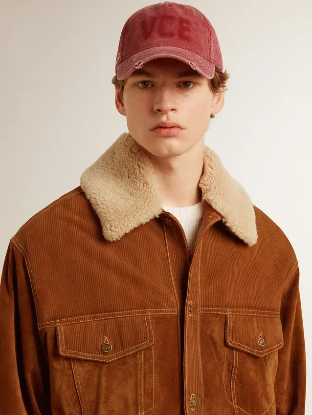 Chaqueta de hombre en piel dividida color tabaco con cuello de borreguillo