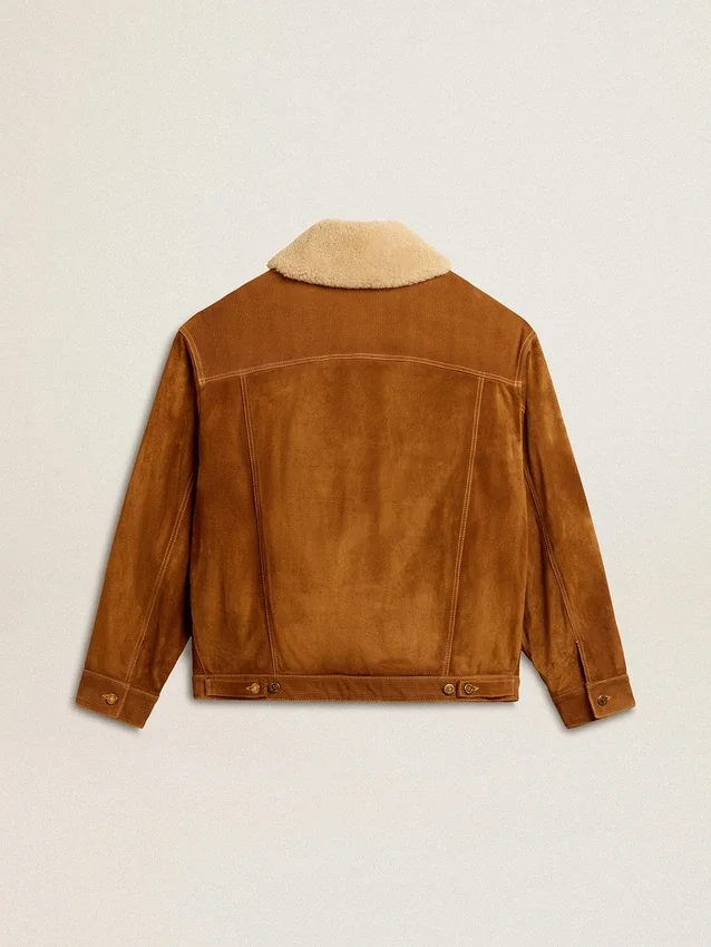 Chaqueta de hombre en piel dividida color tabaco con cuello de borreguillo