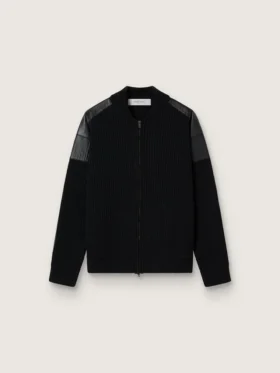Chaqueta de lana merina negra para hombre con parches de cuero