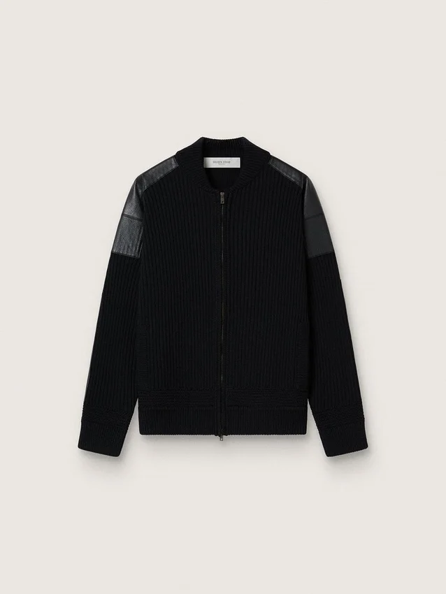 Chaqueta de lana merina negra para hombre con parches de cuero