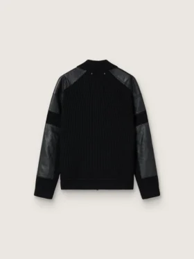 Chaqueta de lana merina negra para hombre con parches de cuero