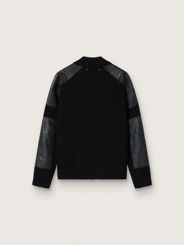 Chaqueta de lana merina negra para hombre con parches de cuero