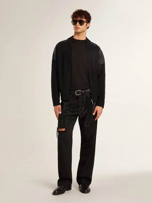 Chaqueta de lana merina negra para hombre con parches de cuero