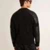 Chaqueta de lana merina negra para hombre con parches de cuero